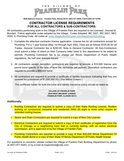 First page of the Contractor License Application