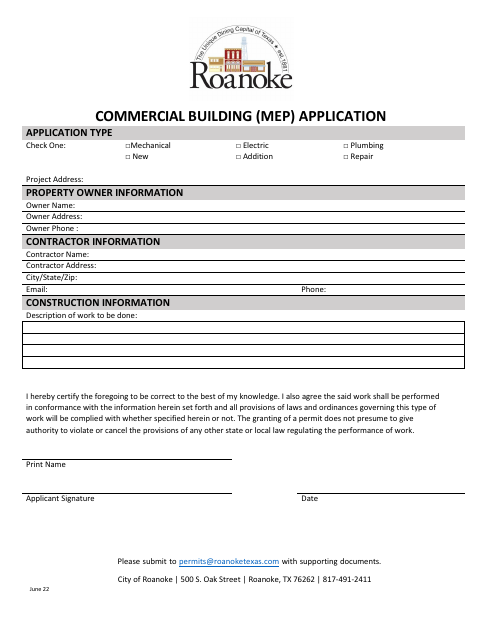 First page of the Commercial Building (MEP) Application