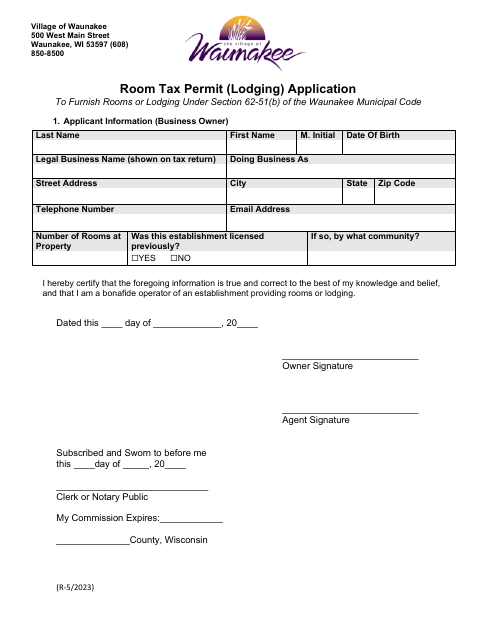 First page of the Room Tax Permit Application