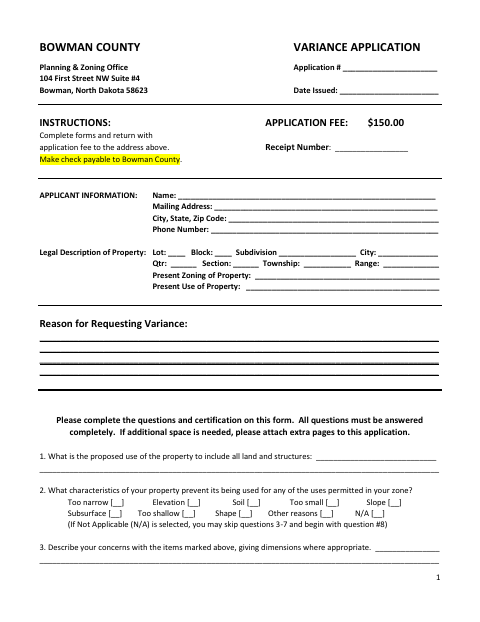 First page of the Zoning Variance Application