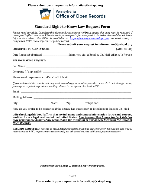 First page of the Standard Right-to-Know Law Request Form