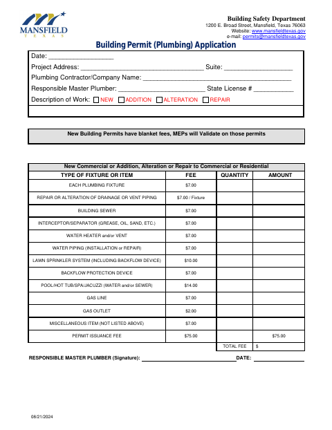 First page of the Building Permit (Plumbing) Application