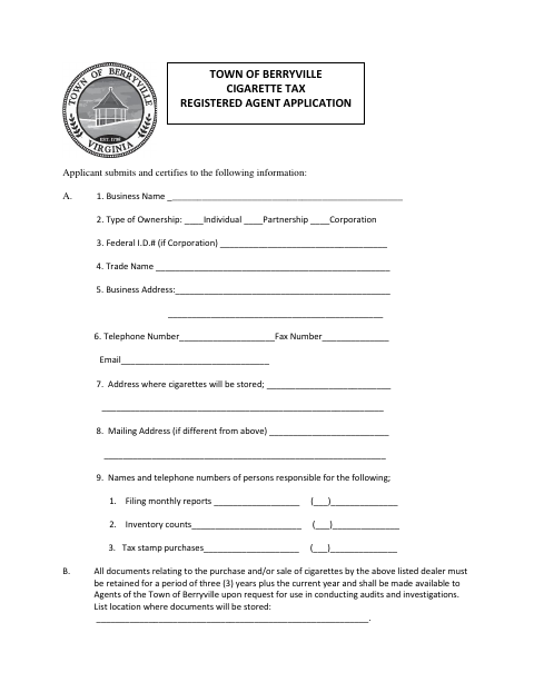 First page of the Cigarette Tax Registered Agent Application