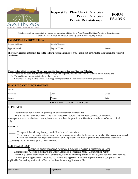 First page of the Extension and Reinstatement Request