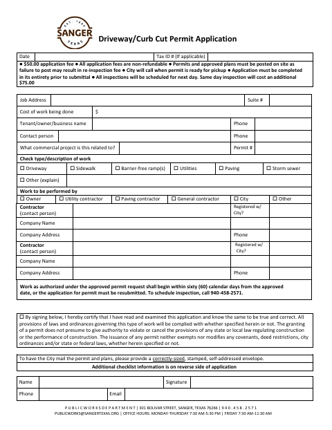 First page of the Driveway/Curb Cut Permit Application