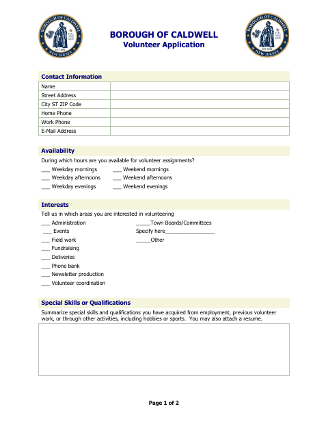 First page of the Volunteer Application