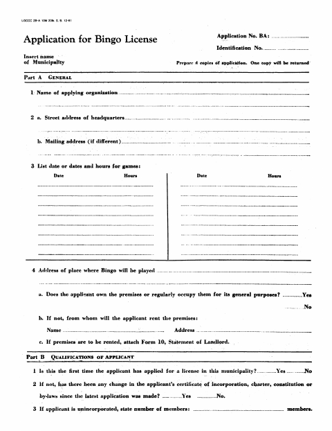 First page of the Application for Bingo License