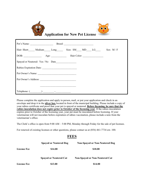 First page of the Application for New Pet License