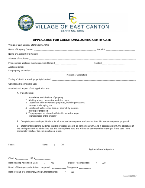 First page of the Application for Conditional Zoning Certificate