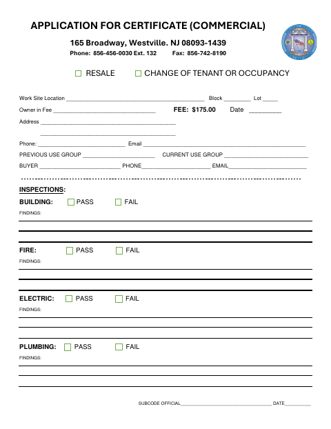 First page of the Application for Certificate (Commercial)