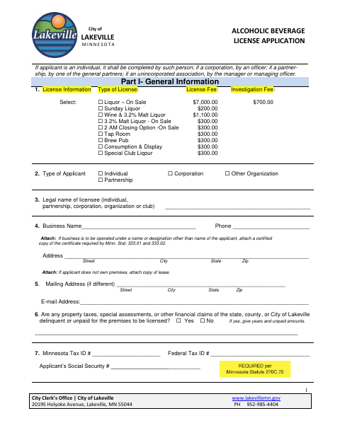 First page of the Alcoholic Beverage License Application