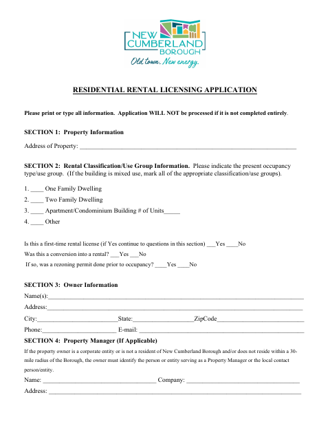 First page of the Residential Rental Licensing Application