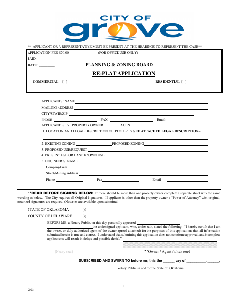 First page of the Re-Plat Permit Application