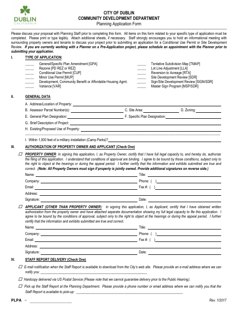 First page of the Planning Application Form