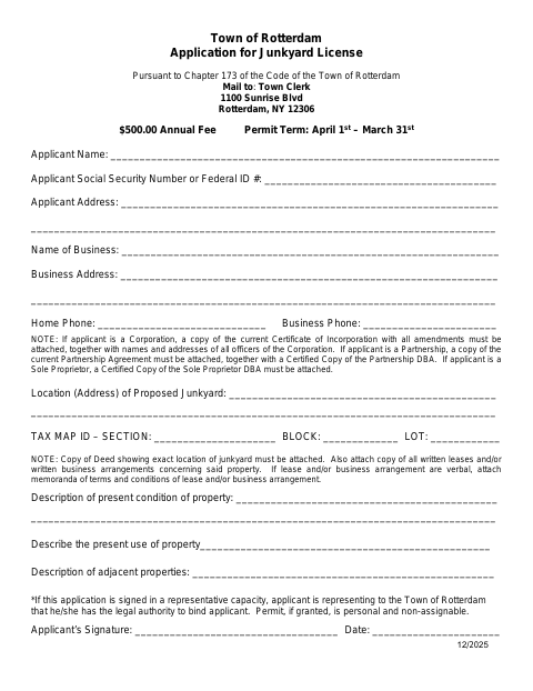 First page of the Junkyard License Application