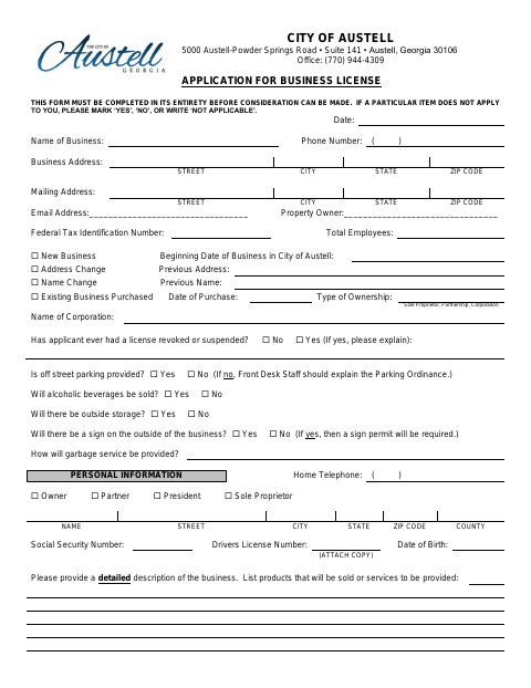 First page of the Application for Business License