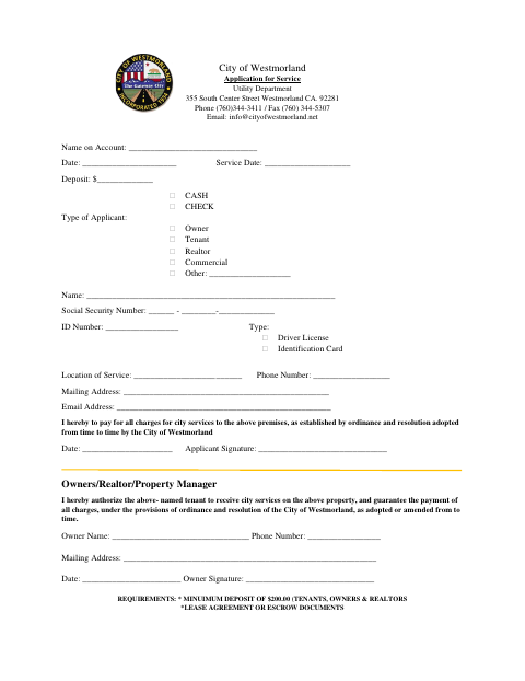 First page of the Application for Service