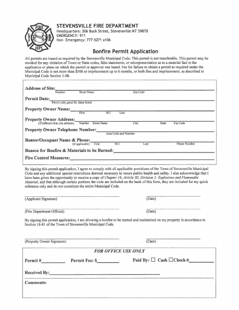 First page of the Bonfire Permit Application