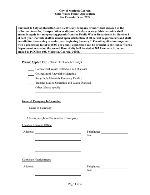 First page of the Solid Waste Permit Application
