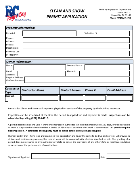 First page of the Clean and Show Permit Application