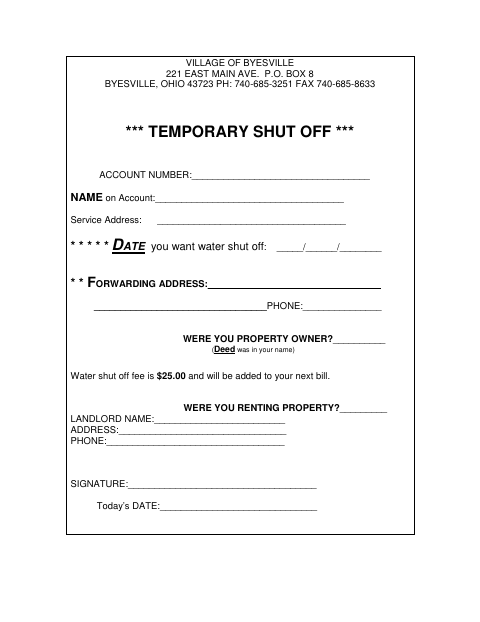 First page of the Temporary Shut Off Form