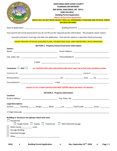 First page of the Building Permit Application