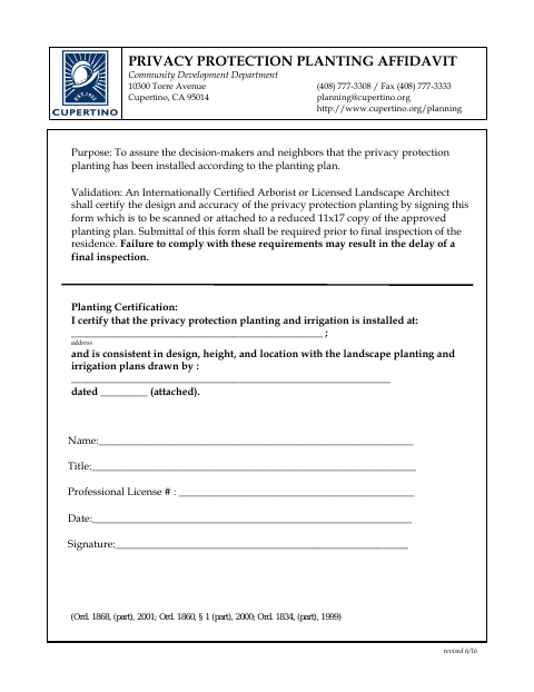 First page of the Privacy Protection Planting Affidavit