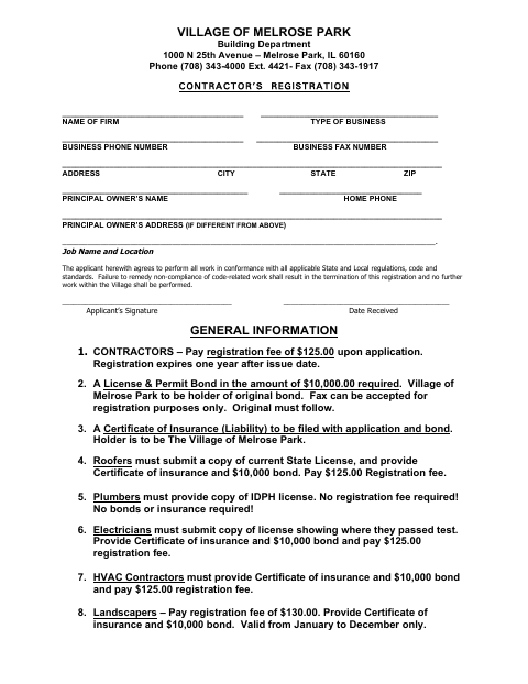 First page of the Contractor's Registration Application