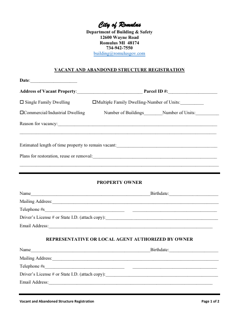 First page of the Vacant and Abandoned Structure Registration
