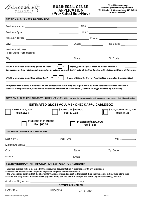 First page of the Business License Application (Pro-Rated September–November)
