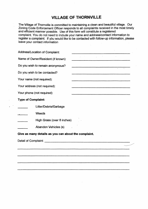 First page of the Zoning Complaint Form