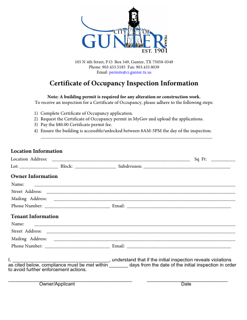 First page of the Residential Certificate of Occupancy Application