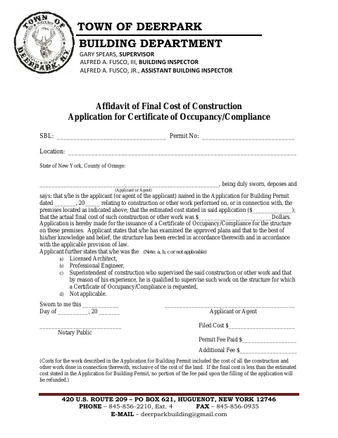 First page of the Affidavit of Final Cost of Construction