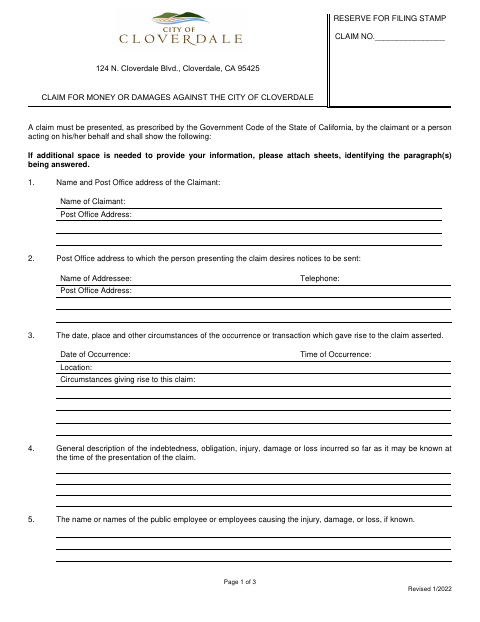 First page of the Claim For Money Or Damages