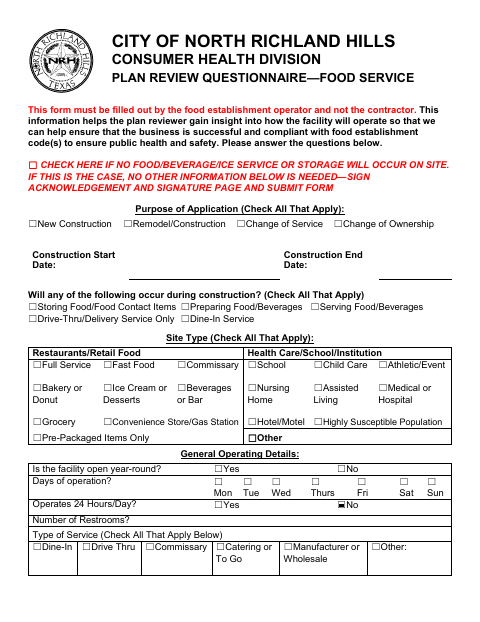 First page of the Plan Review Questionnaire for Food Establishments