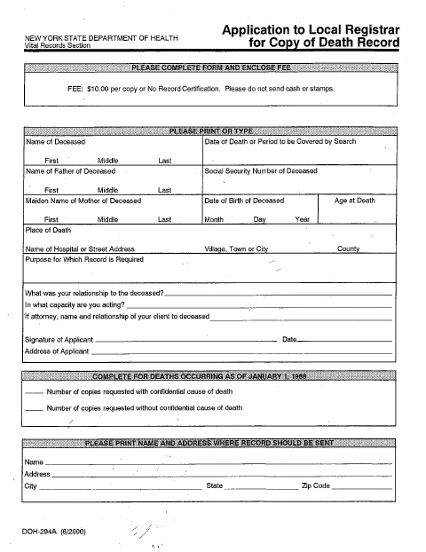 First page of the Application for Copy of Death Record