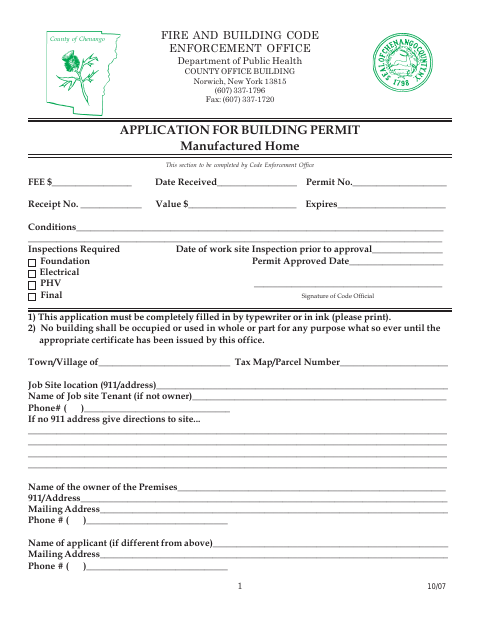 First page of the Application for Building Permit Manufactured Home