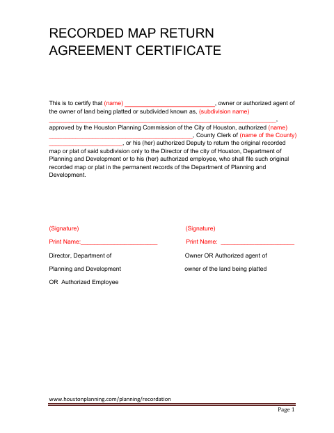 First page of the Recorded Map Return Agreement Certificate