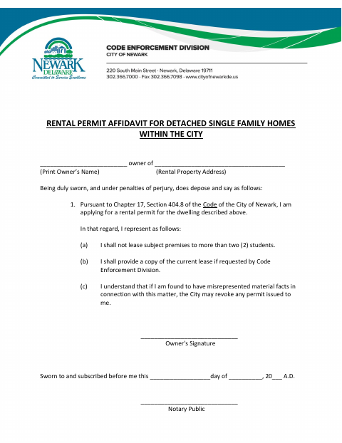 First page of the Detached Single-Family Home Rental Permit Affidavit