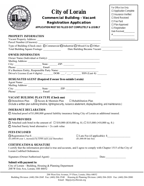 First page of the Commercial Vacant Property Registration Application
