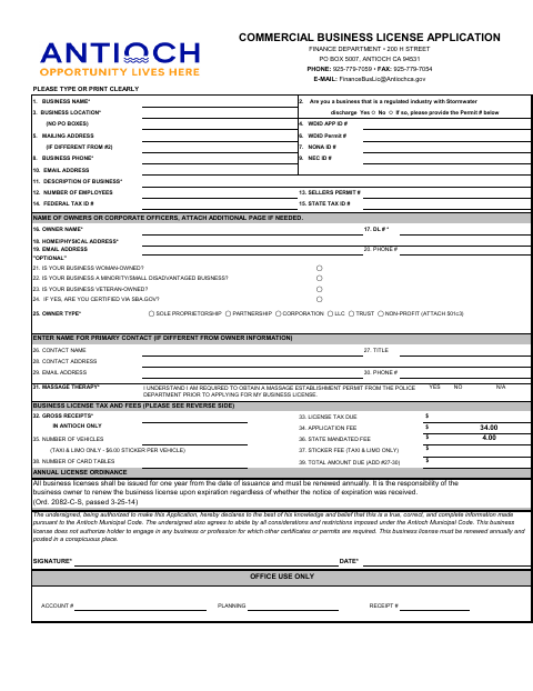 First page of the Commercial Business License Application