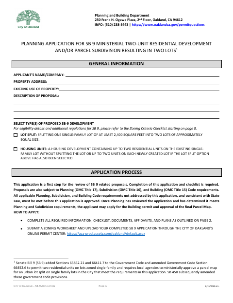 First page of the Planning Application for SB 9 Two-Unit Residential Development and Parcel Subdivision