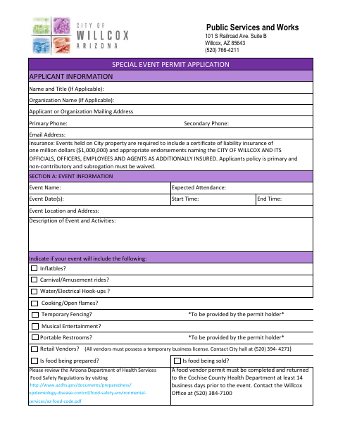 First page of the Special Event Permit Application