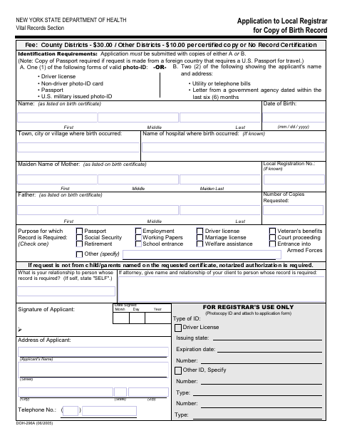 First page of the Application to Local Registrar for Copy of Birth Record