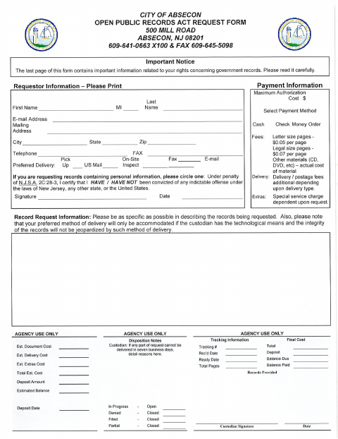 First page of the Open Public Records Act Request Form