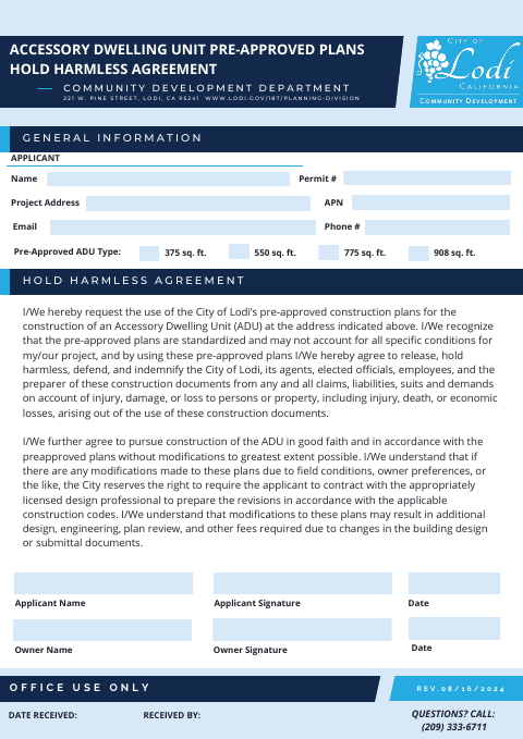 First page of the Accessory Dwelling Unit Pre-Approved Plans Hold Harmless Agreement