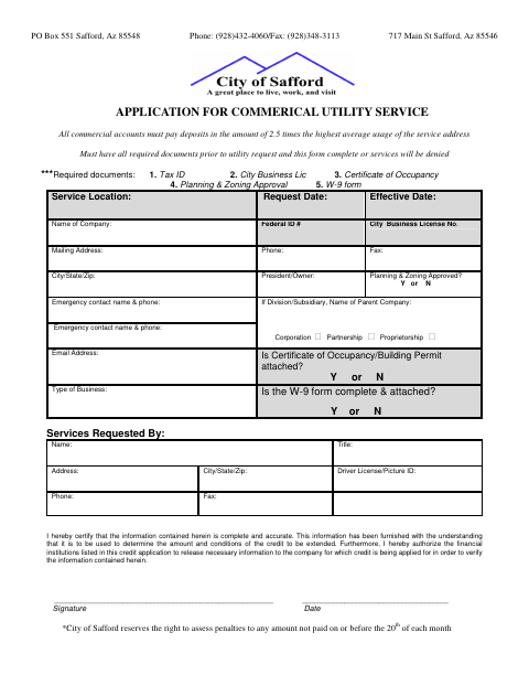 First page of the Application for Commercial Utility Service