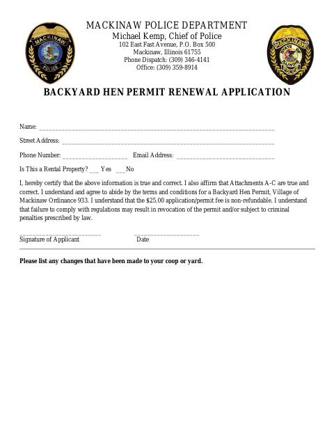 First page of the Backyard Hen Permit Renewal Application