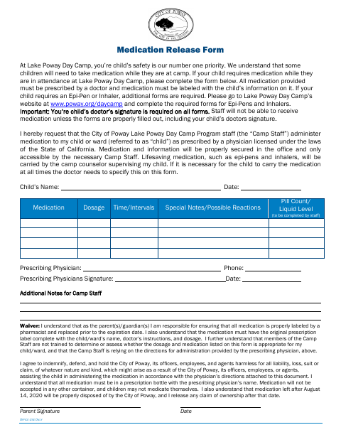 First page of the Medication Release Form