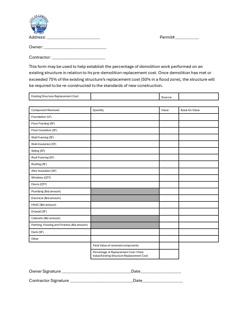 First page of the Demolition Worksheet - 75% Determination